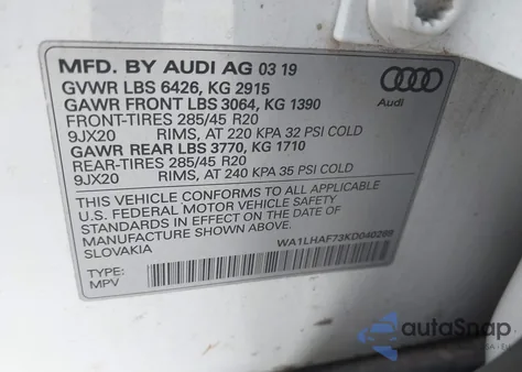 2019 Audi Q7 45 Premium z USA, uszkodzony, nr VIN WA1LHAF73KD040269